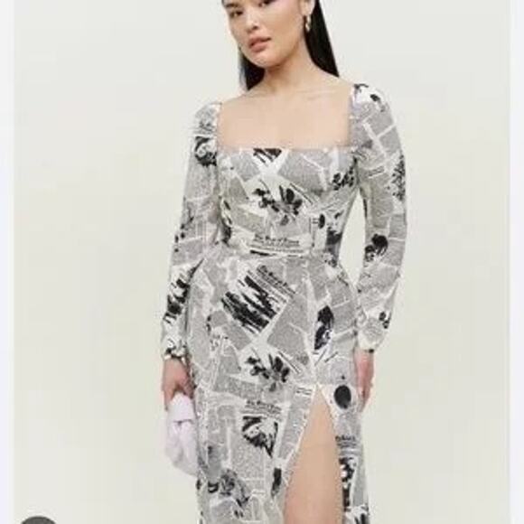 Reformation Sigmund Climate Newsprint Newspaper Midi Dress Size 12 - Picture 9 of 10